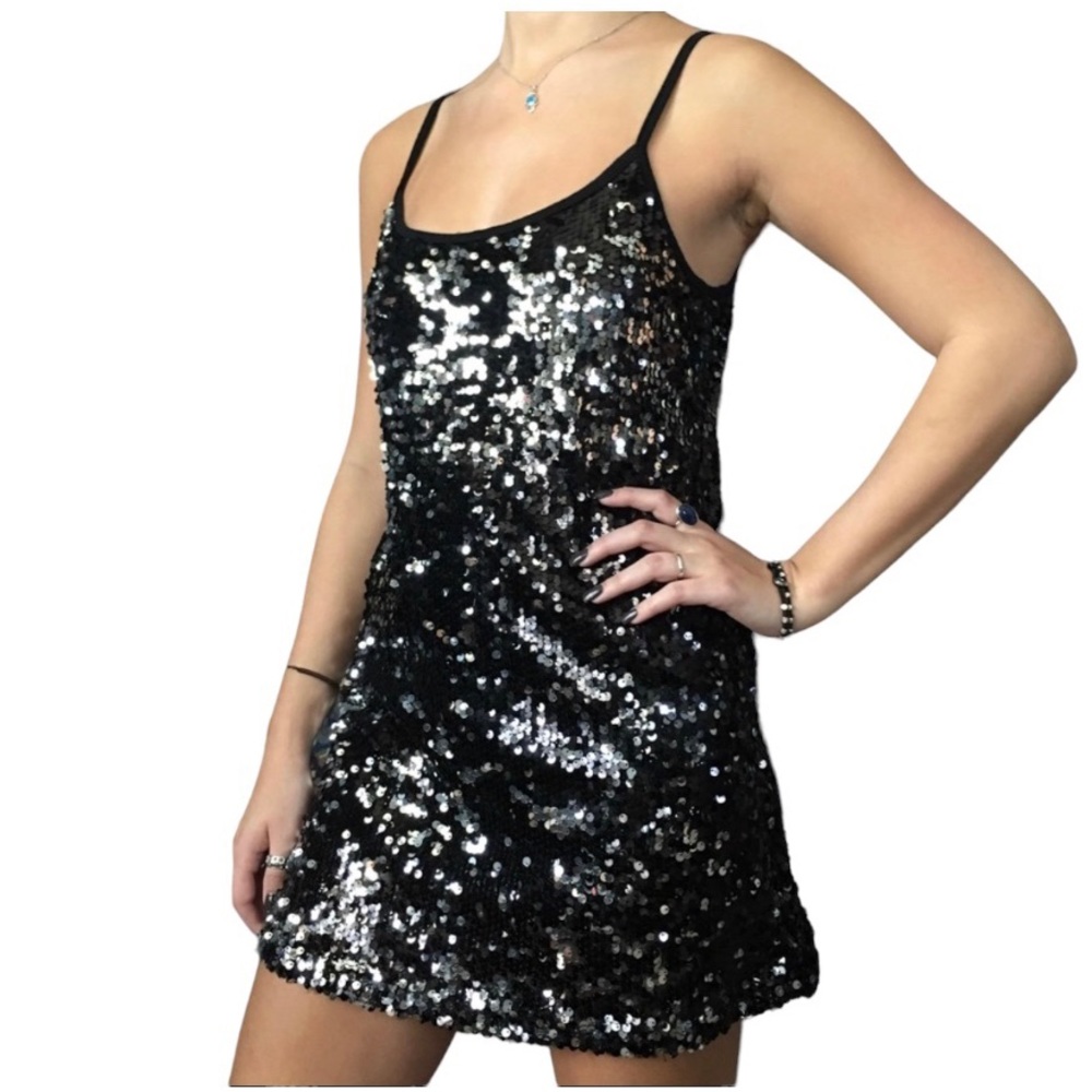 ENTI Metallic Flip Sequin Color Change Mini Dress Black Silver Cocktail Party S